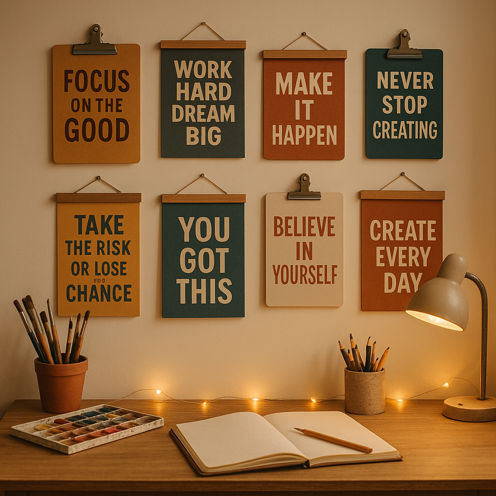 Minimalist bedroom accented with a framed inspirational quote poster