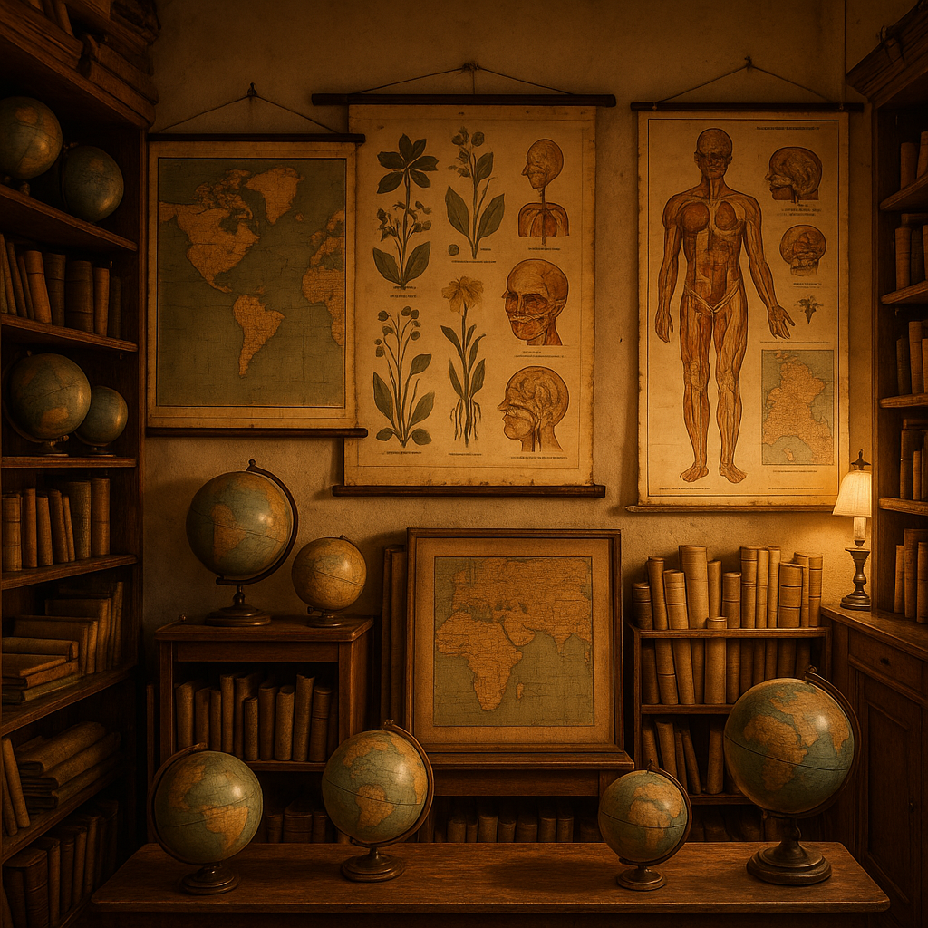 Study area decorated with educational vintage posters and maps