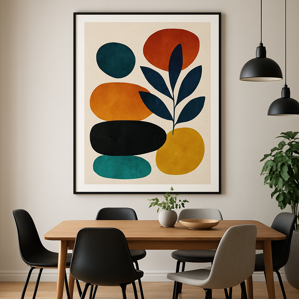 A modern dining room with a framed abstract art piece and wooden table with chairs.