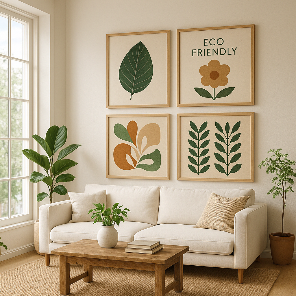 Modern living room with sustainable wall art and natural textures