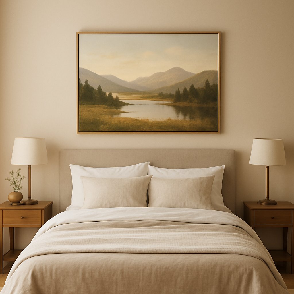 A cozy bedroom featuring a queen-sized bed with white bedding, wooden nightstands, and a landscape painting of mountains and a river.