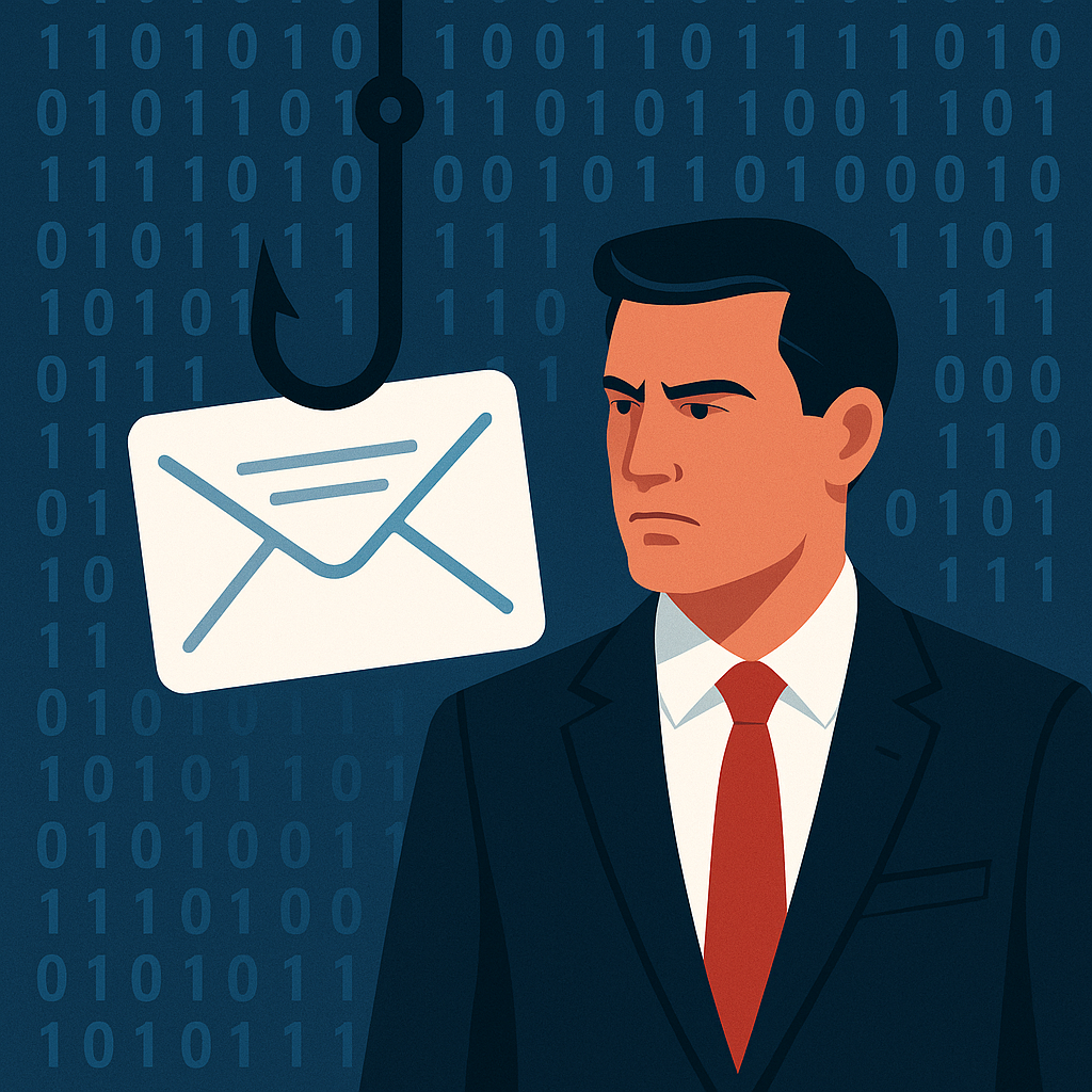 Banginio medžioklės atakos koncepcijos iliustracija - verslo vadovas ir kibernetinė grėsmė