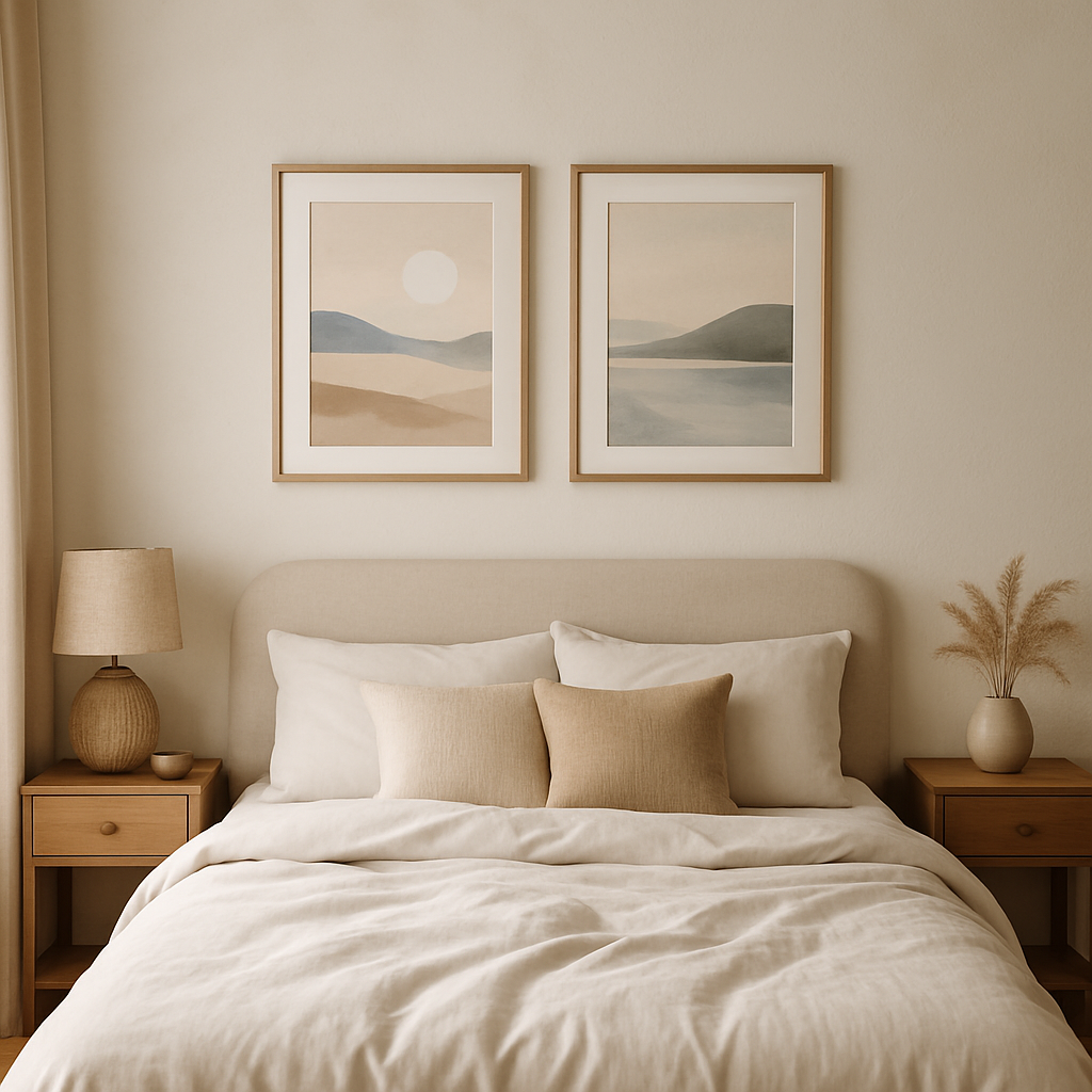 Living room guide: “Living room art print above sofa spanning two-thirds of furniture width.