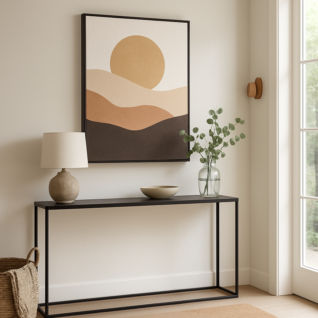 Gallery wall example: “Gallery wall arrangement with mixed art print sizes for balanced display.