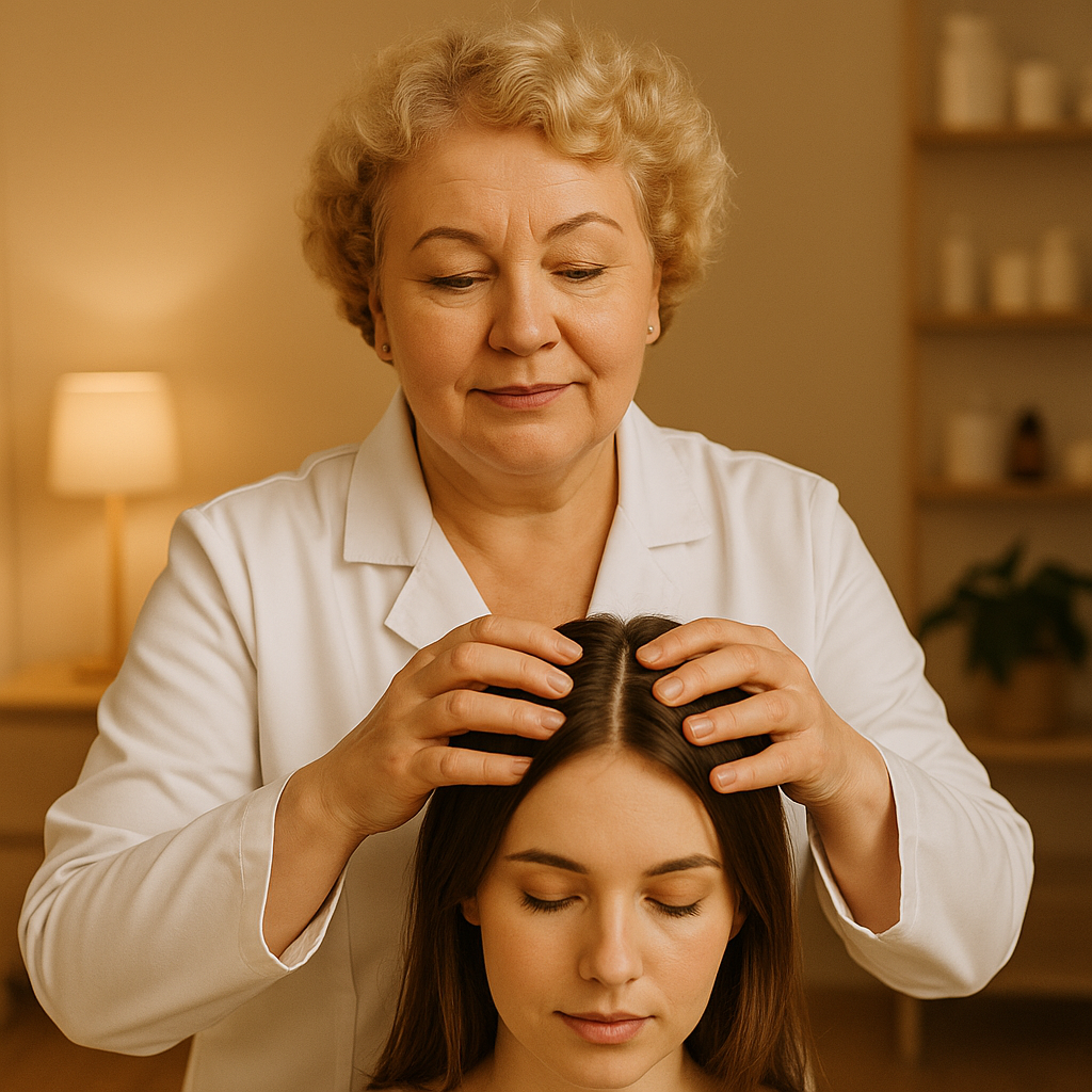 Gydytoja dermatologė tiria pacientės galvos odą ir plaukus klinikoje.