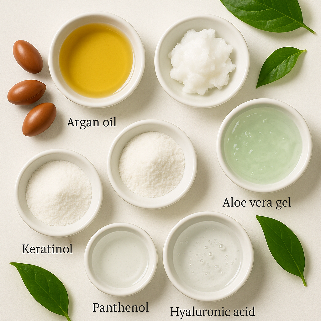 Natūralūs šampūnų ingredientai dubenėliuose: argano aliejus, alavijas ir keratinas.