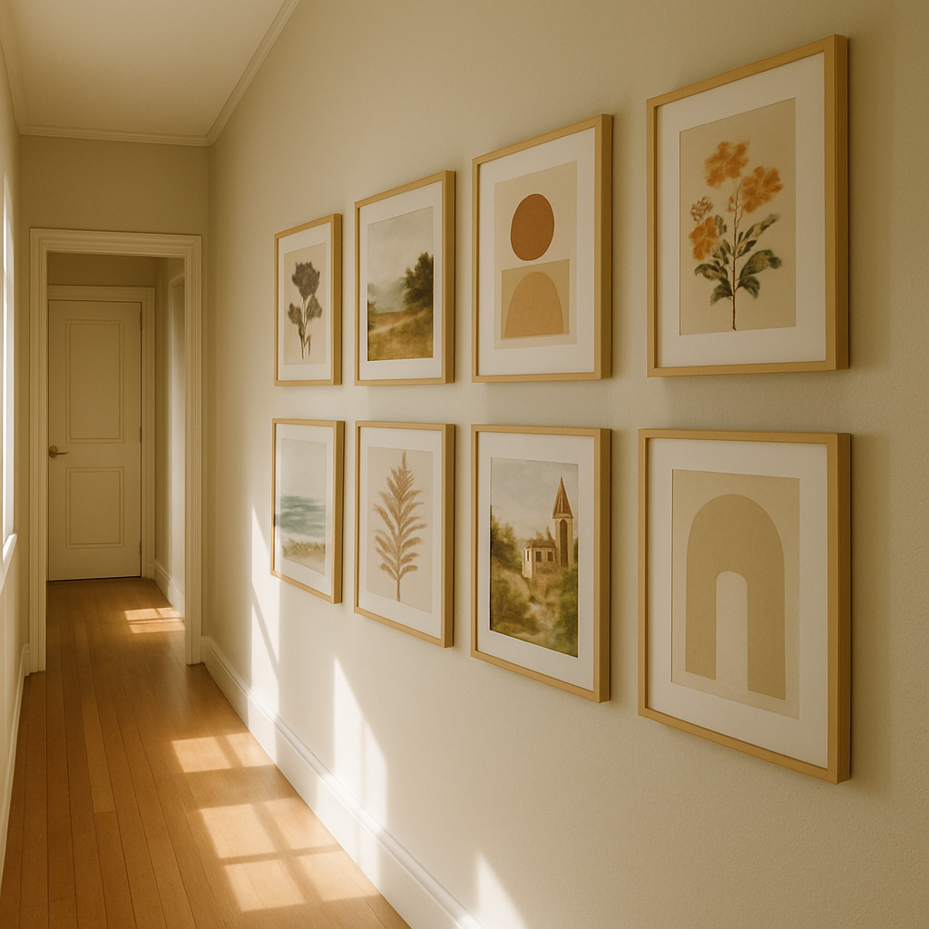 A hallway with a gallery wall featuring framed artworks of abstract shapes and floral designs.