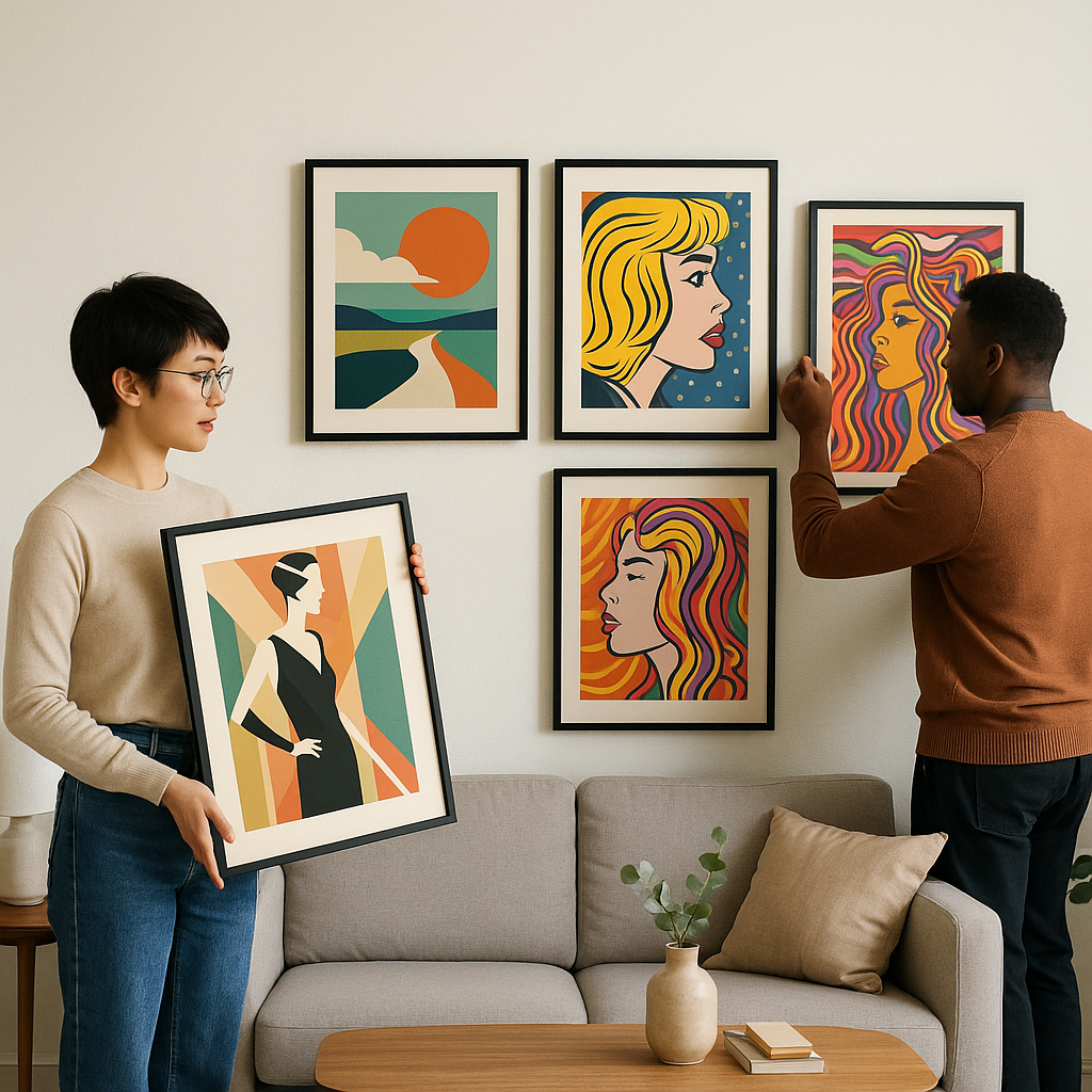 Memphis-style retro poster styles with playful patterns and vibrant colors