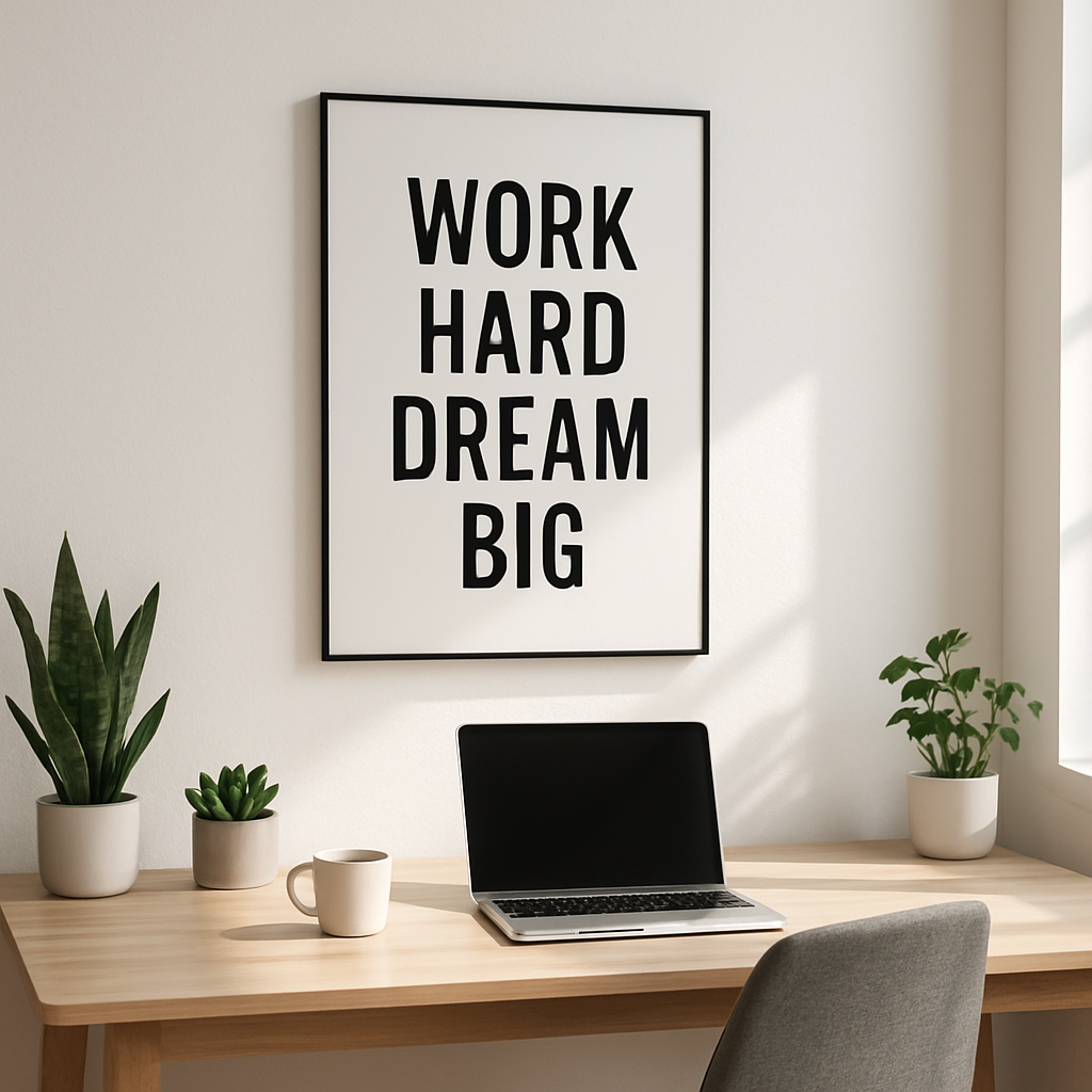 Motivational quote poster displayed above a cozy living room sofa