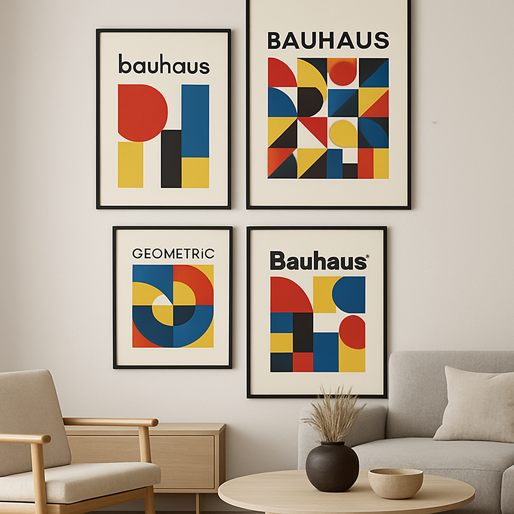Famous Bauhaus poster collection displayed as modern wall art featuring geometric patterns and bold primary colors