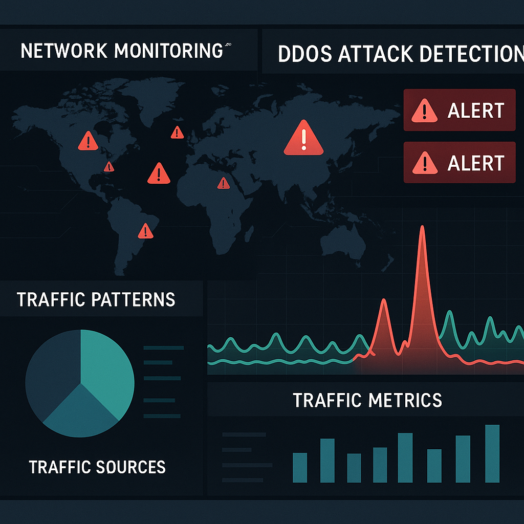 Tinklo stebėjimo skydelis, rodantis DDoS atakos aptikimą