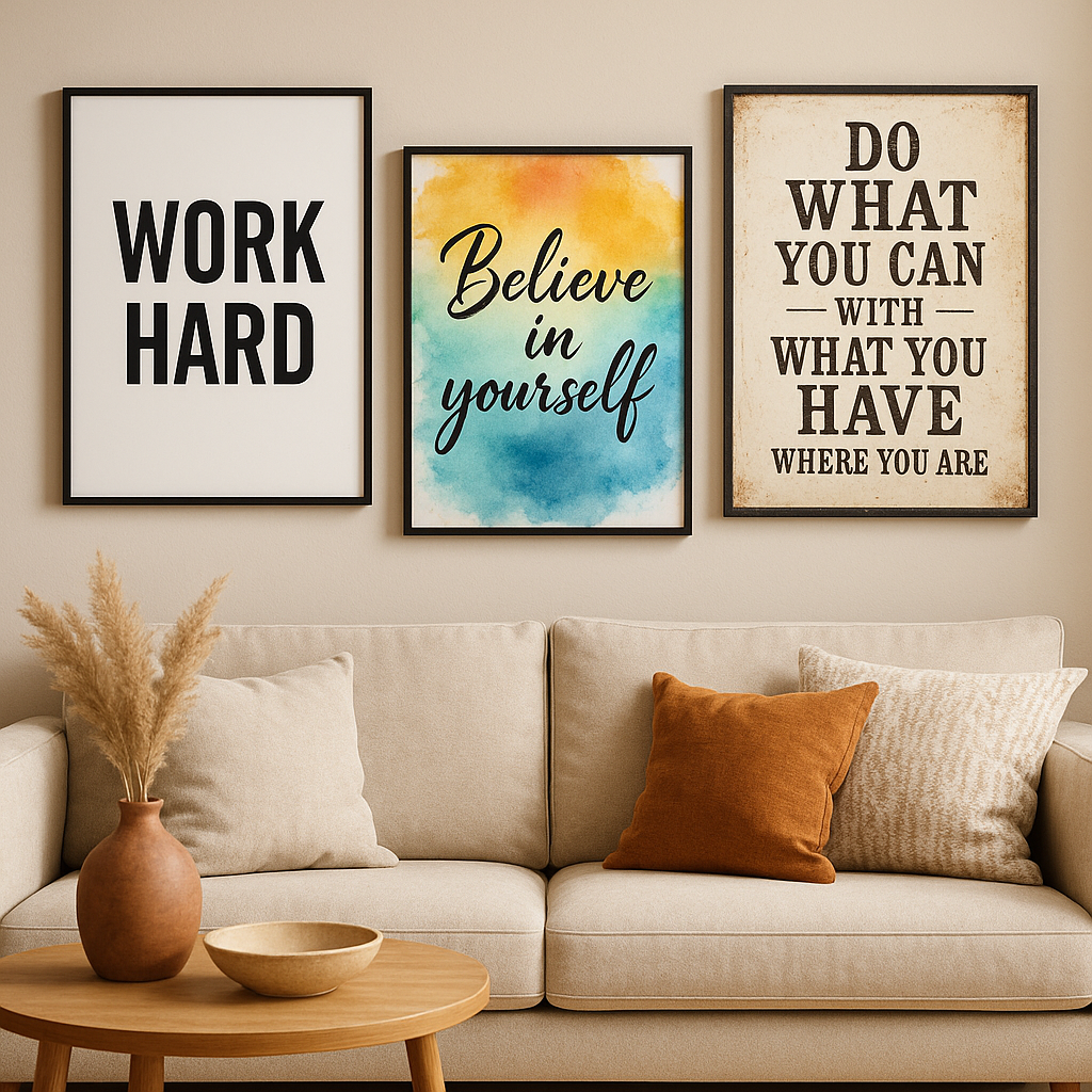 Bright gallery wall featuring various inspirational quote prints 