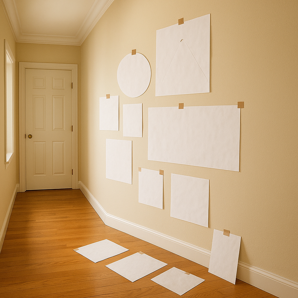Hallway with various blank papers mounted on the wall, showcasing an unfinished art display.