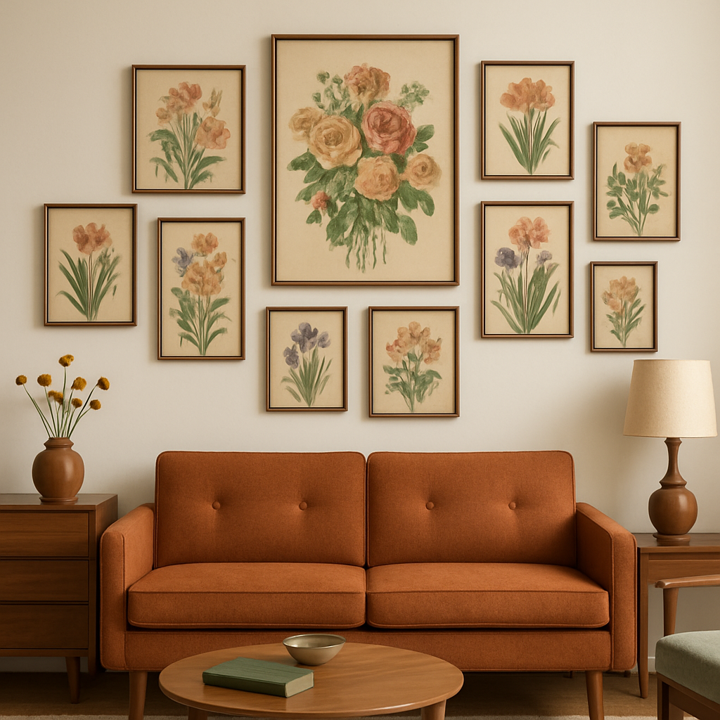 Sunlit dining area decorated with a large vintage floral artwork