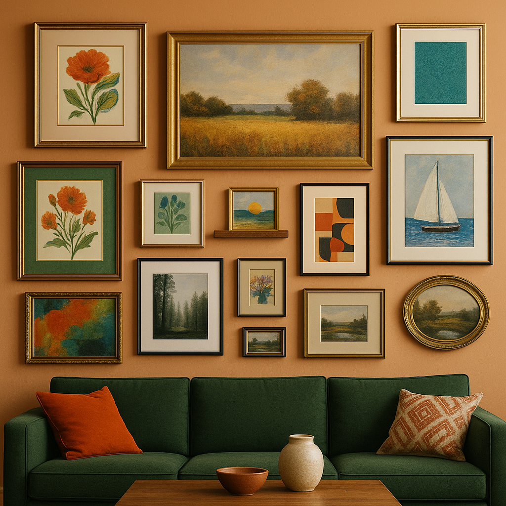 A living room with a gallery wall of framed art above a green couch, showcasing various paintings including flowers and landscapes.