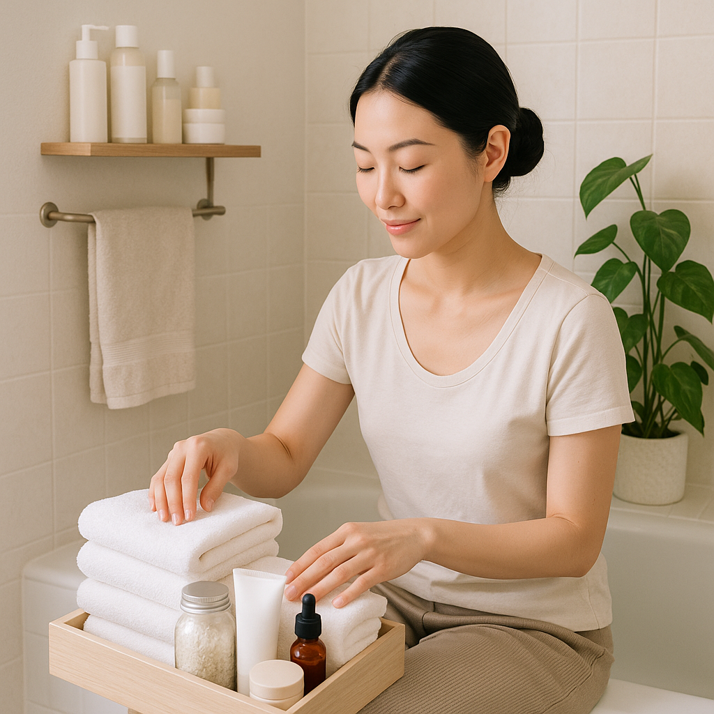 Moteris tvarkingai organizuoja SPA produktus, ruošdamasi atsipalaidavimo ritualui.