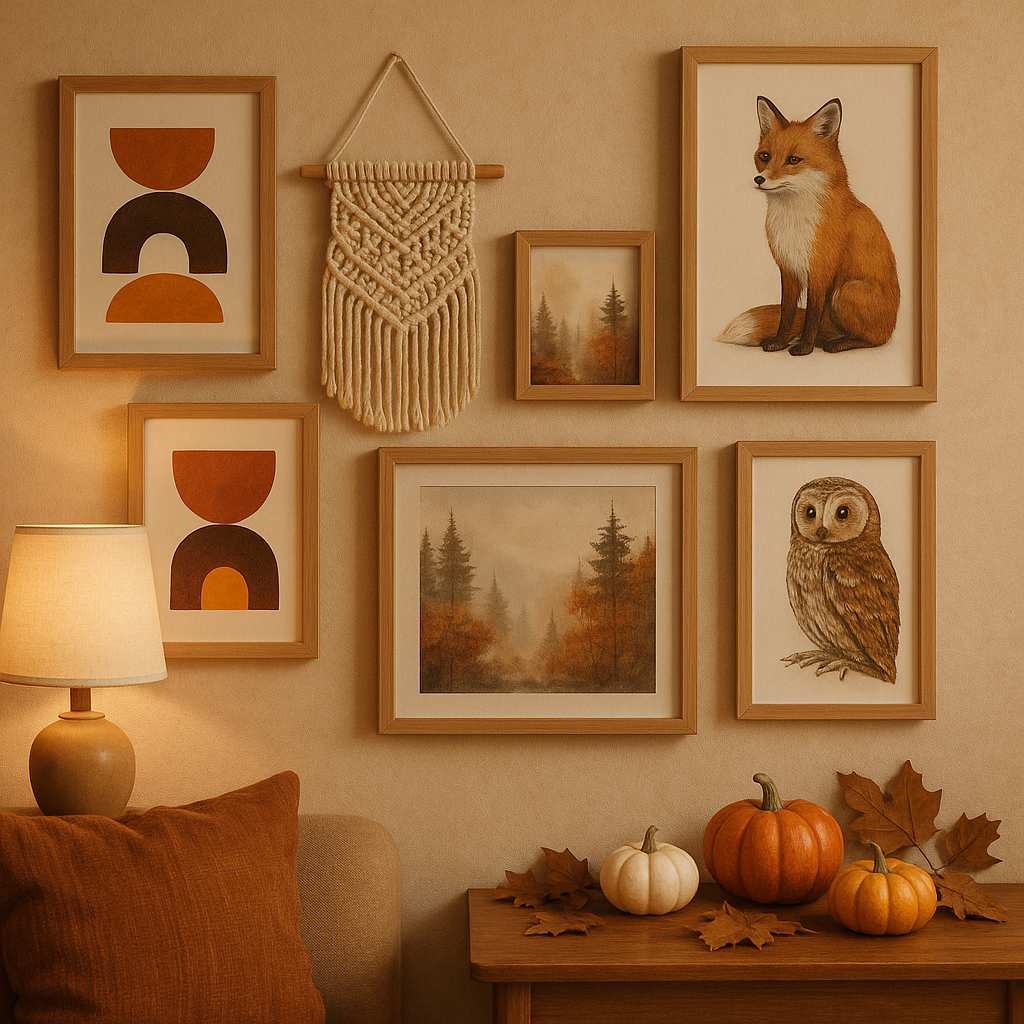 Cozy autumn wall art displaying warm orange and golden tones with fall foliage prints