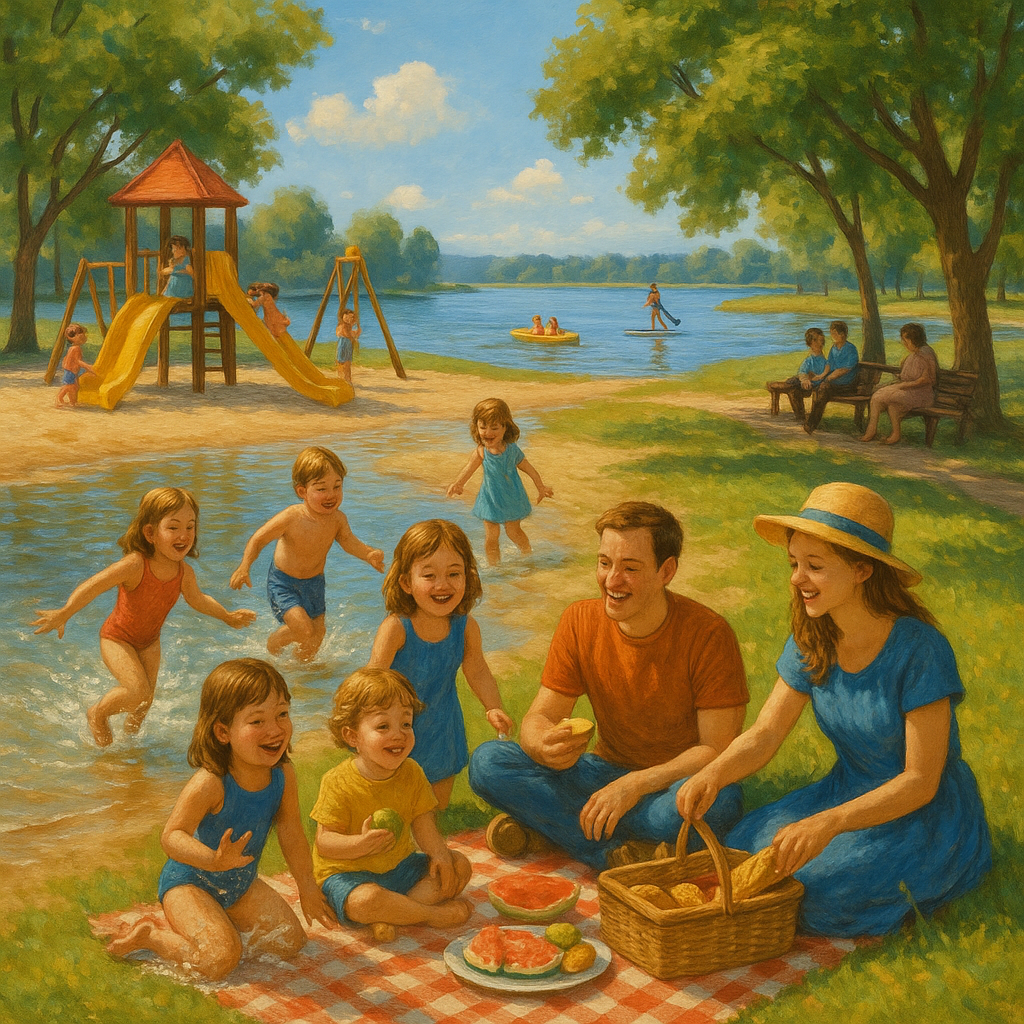 Šeimos su vaikais maudosi ir žaidžia Širvėnos ežero paplūdimyje, Biržai.