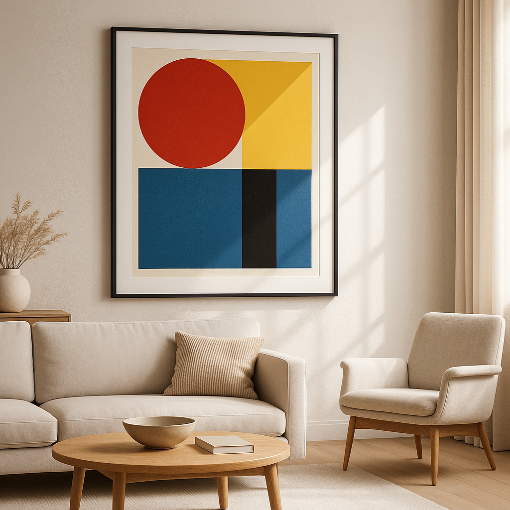 Modern living room featuring bold Bauhaus art print on the wall