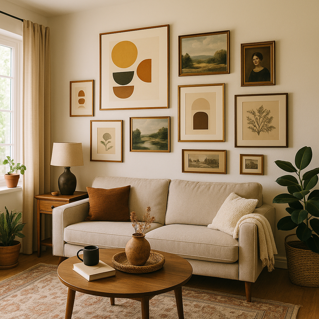 Contemporary living room featuring abstract art style prints