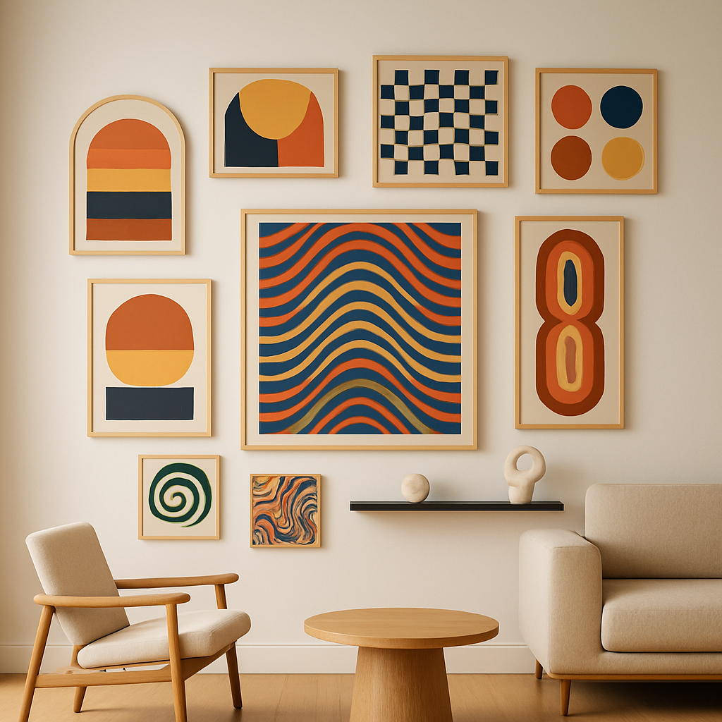 Stylish gallery wall showcasing a mix of modern and retro art prints in a cozy home