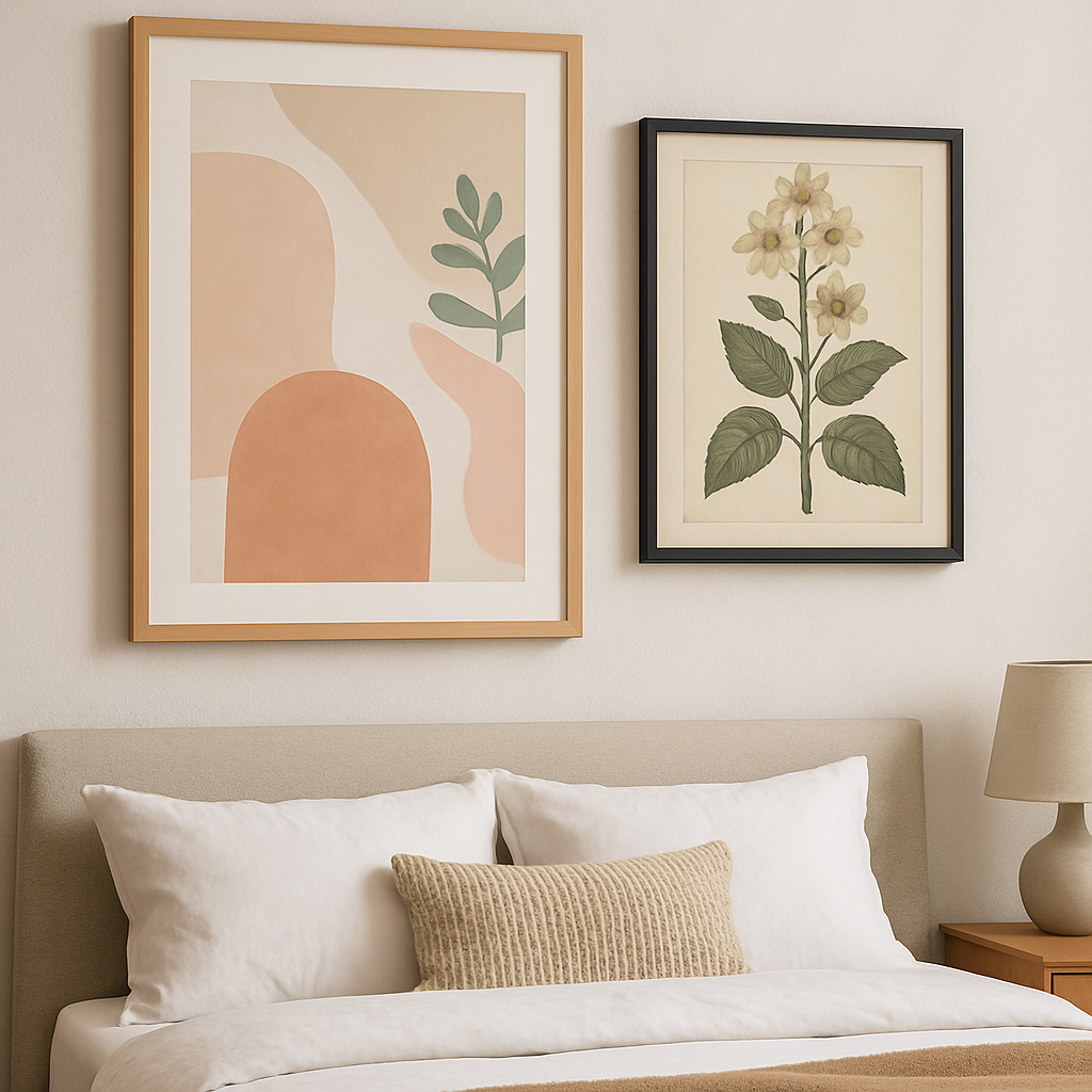 Framed minimalist line art above a stylish upholstered headboard