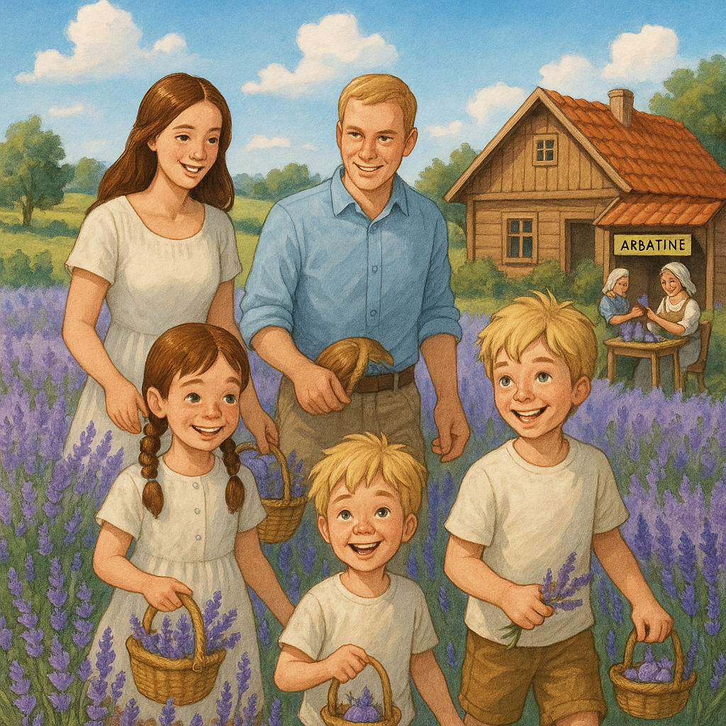 Šeima vaikšto per violetinius levandų laukus Mockūnuose, šalia jaukaus ūkio pastato.