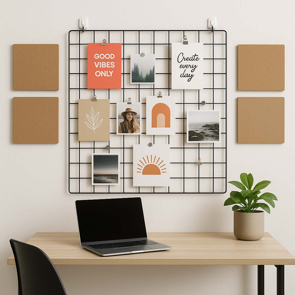 Home Office Inspiration Board A grid wall display in a home office, featuring inspirational art and quotes, with a desk and laptop in the foreground.