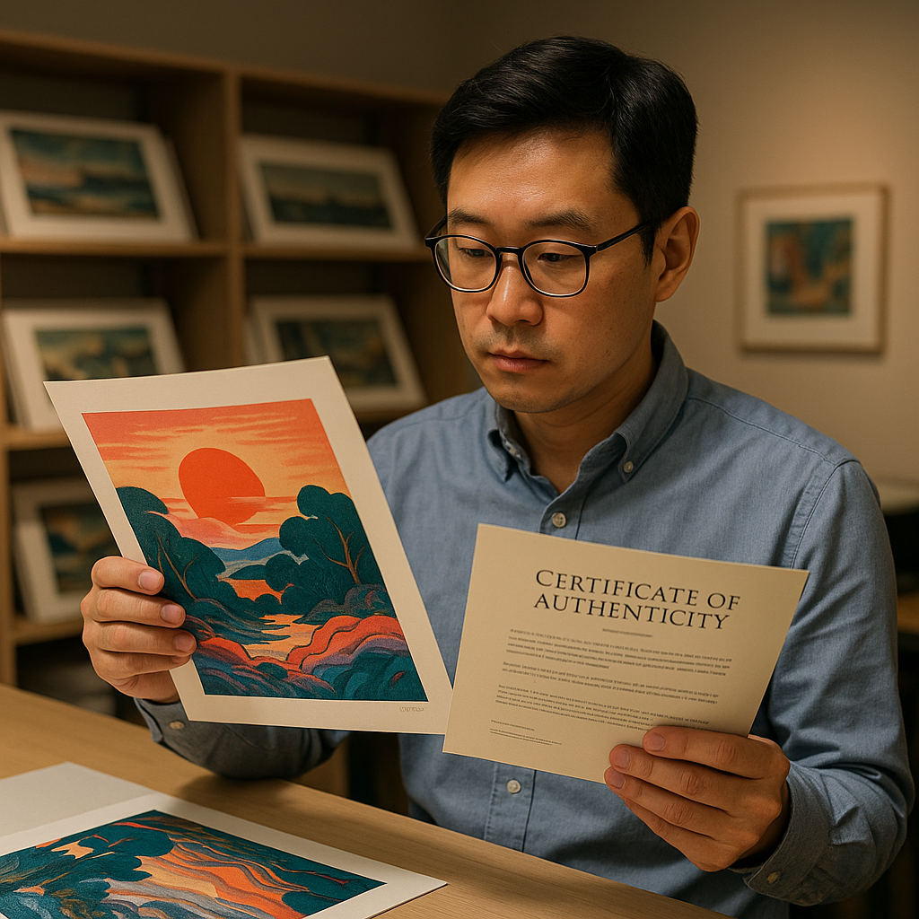 Artist showcasing certificate of authenticity next to a fine art print