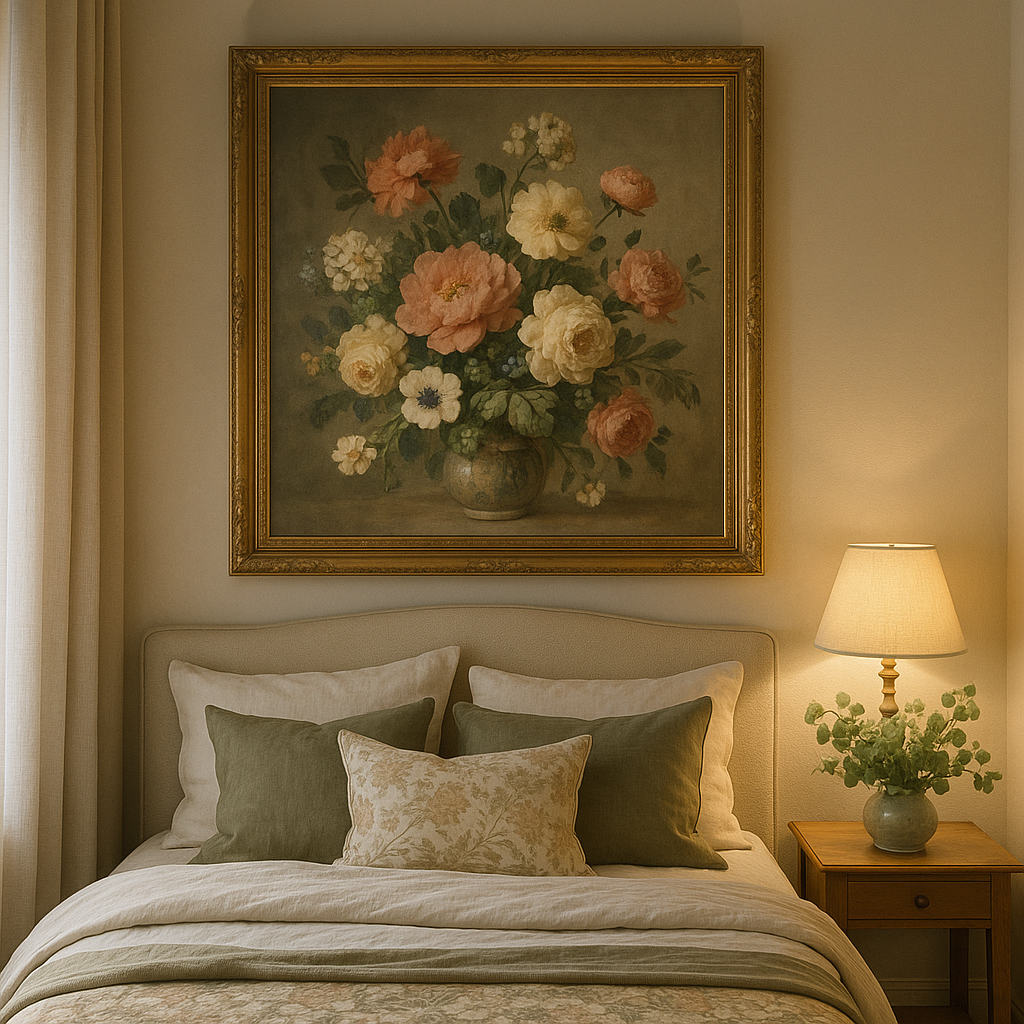 Bright bedroom with delicate vintage flower art on the walls