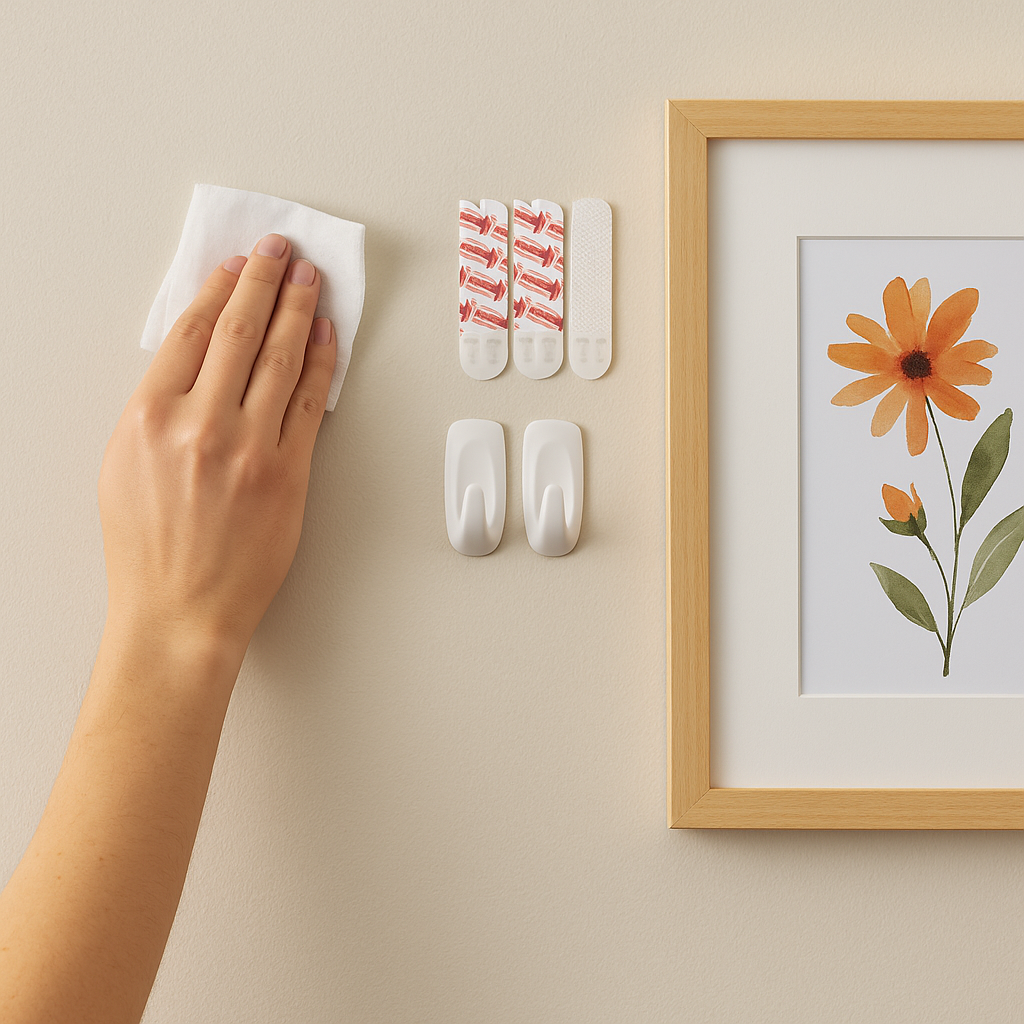 Cleaning Wall for Picture Hanging A hand cleaning a wall with a cloth next to adhesive picture hanging strips and a framed flower artwork