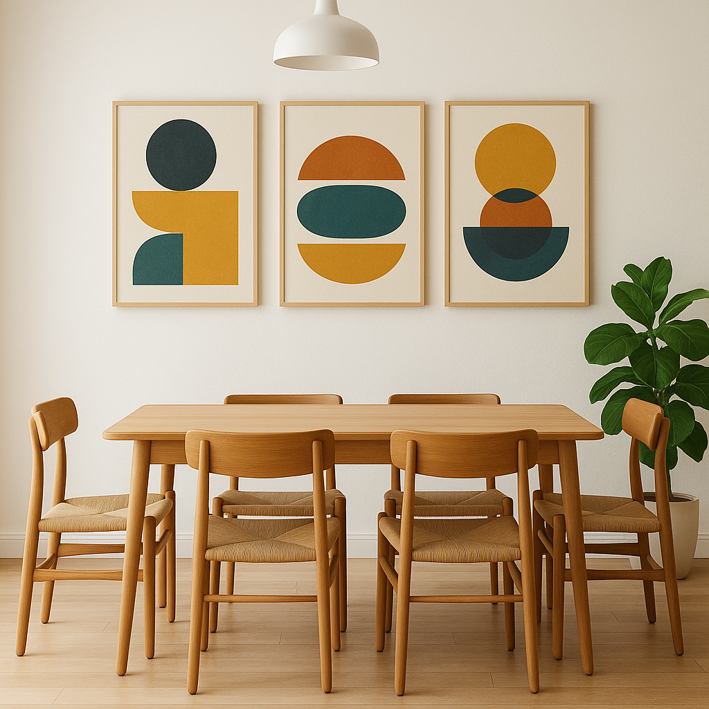 Living room featuring mid century wall art above modern sofa