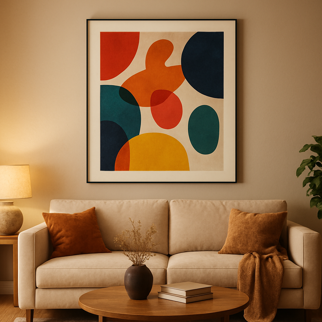 A modern abstract painting with colorful shapes on the wall above a beige sofa in a cozy living room.