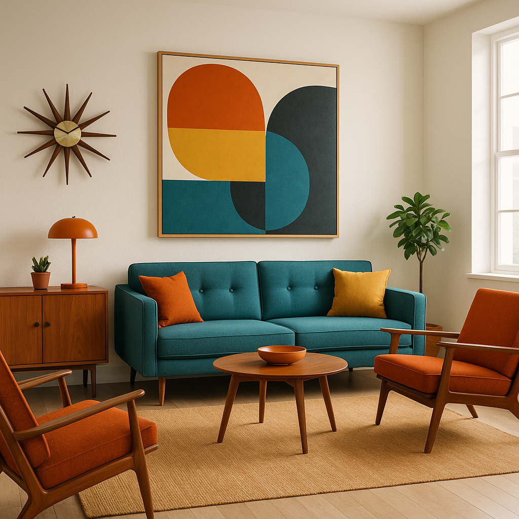 Mid century modern wall art collection in contemporary living room