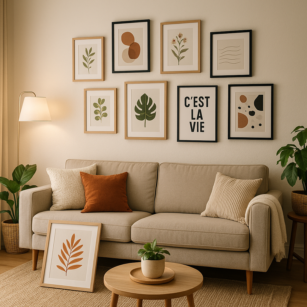 Cozy Living Room with Art Display A cozy living room with a beige sofa and a gallery wall of framed art.