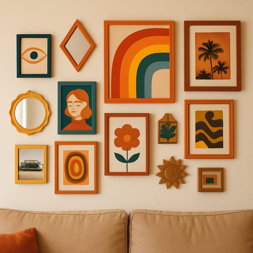 Artistic Gallery Wall Gallery wall with colorful art and frames