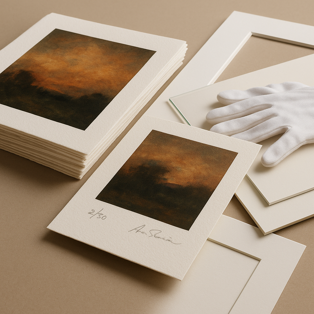 Collection of exclusive limited edition prints displayed on a gallery wall