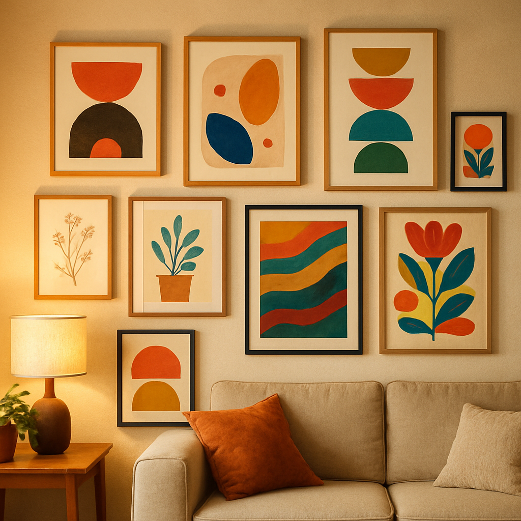 A gallery wall of modern art in a cozy living room, featuring various framed artworks in bright colors and patterns, with a beige sofa and a lamp.