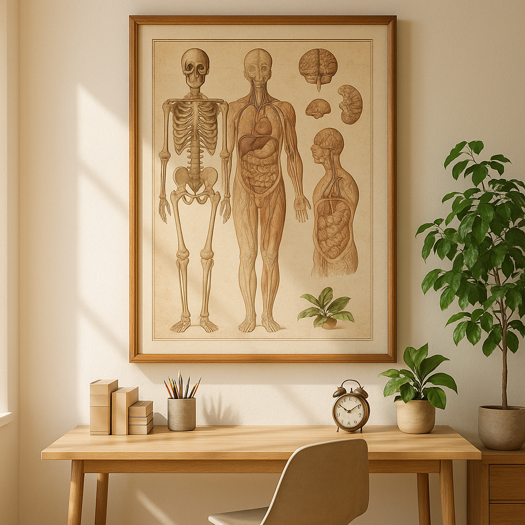 Living room featuring educational vintage posters and charts