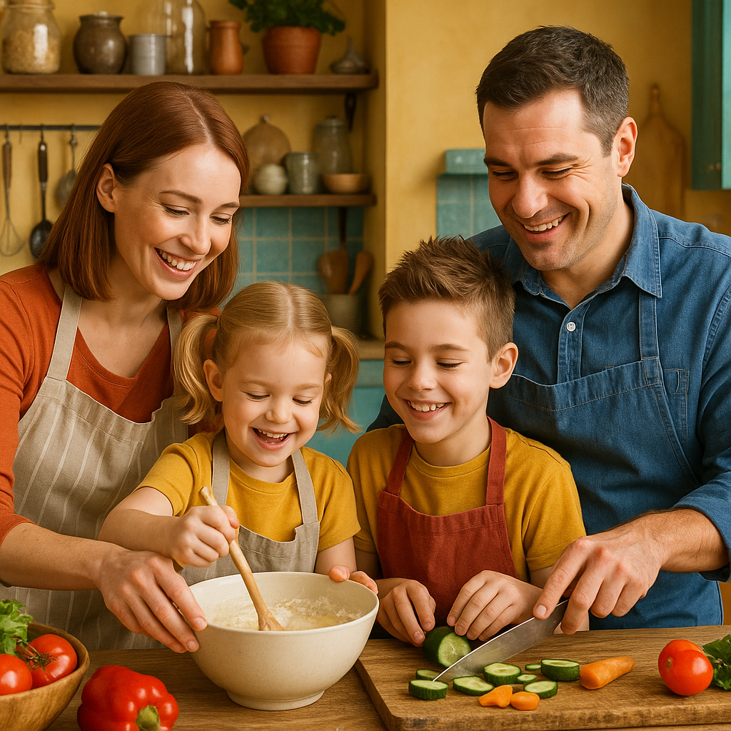 Šeima gamina maistą virtuvėje