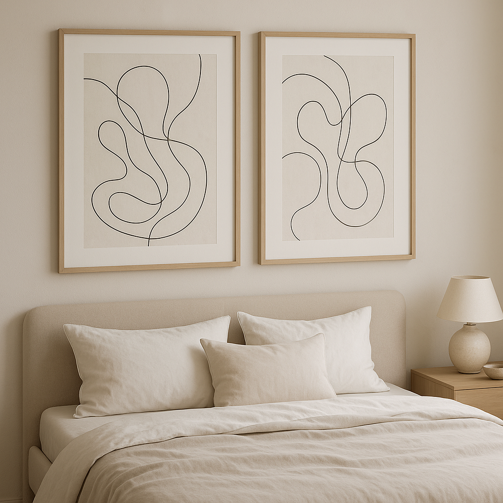Abstract line art wall decor in contemporary bedroom