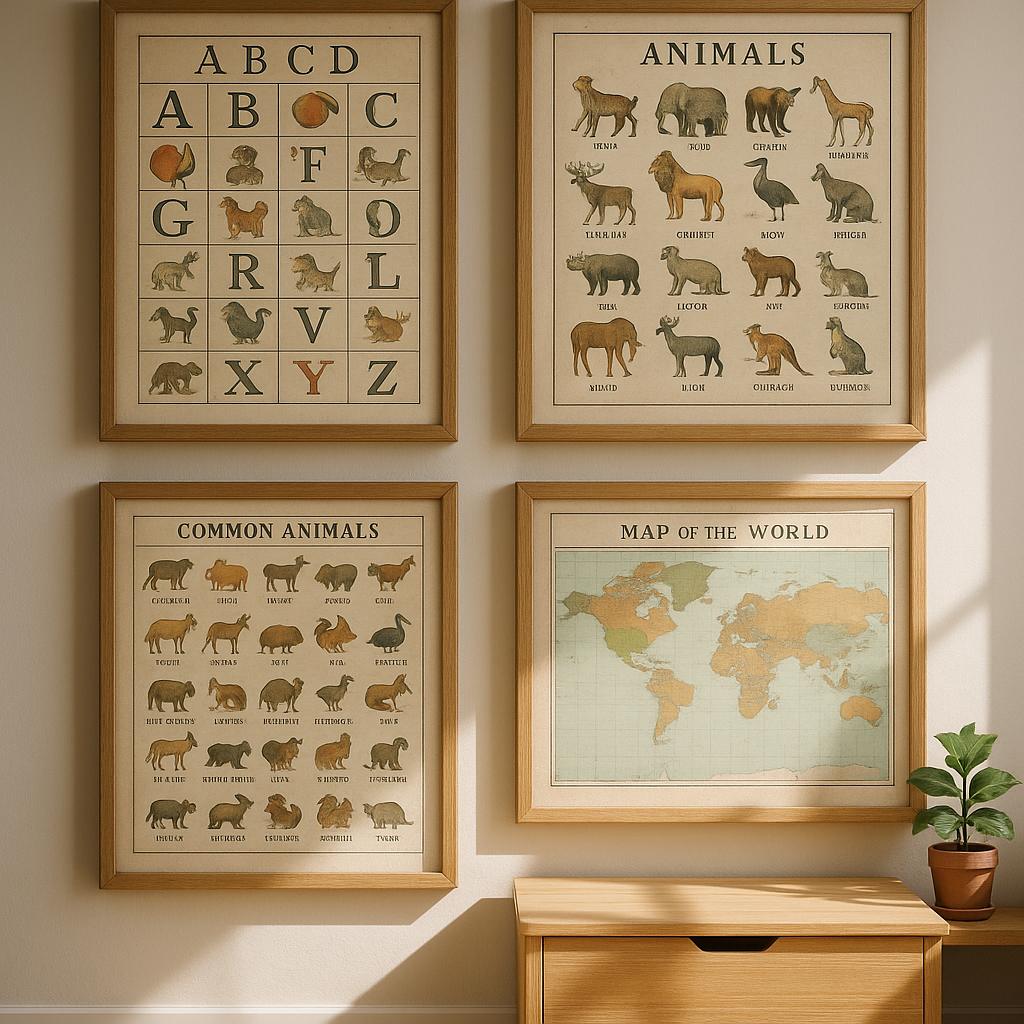 Children's room with colorful educational vintage posters on wall
