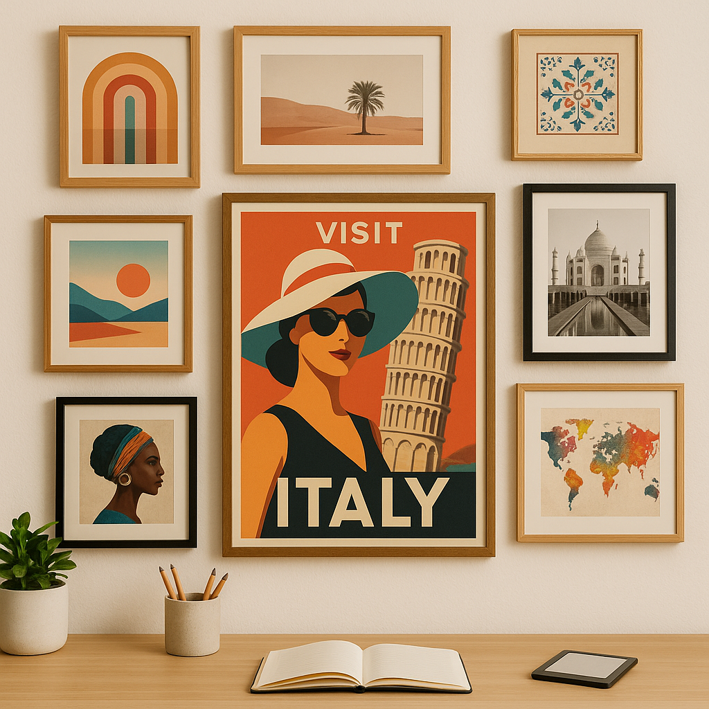 Artistic wall display with a vintage travel poster for Italy and various framed illustrations