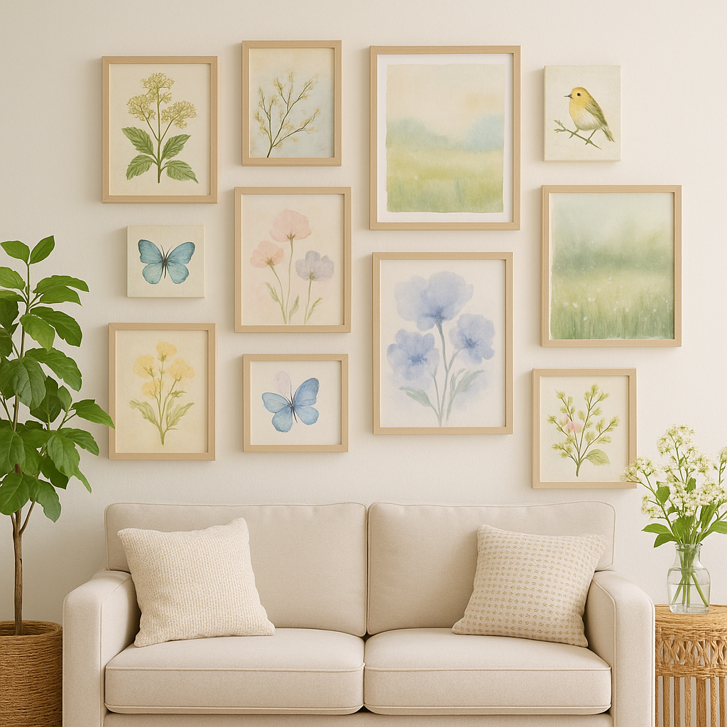 Bright summer wall decor with tropical colors and beach-themed artwork above white sofa