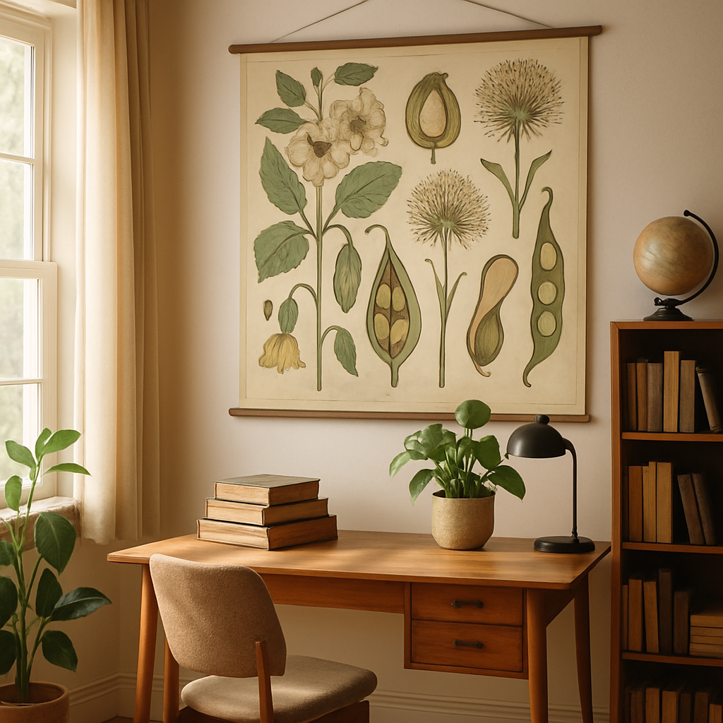 Educational vintage posters displayed in modern home office