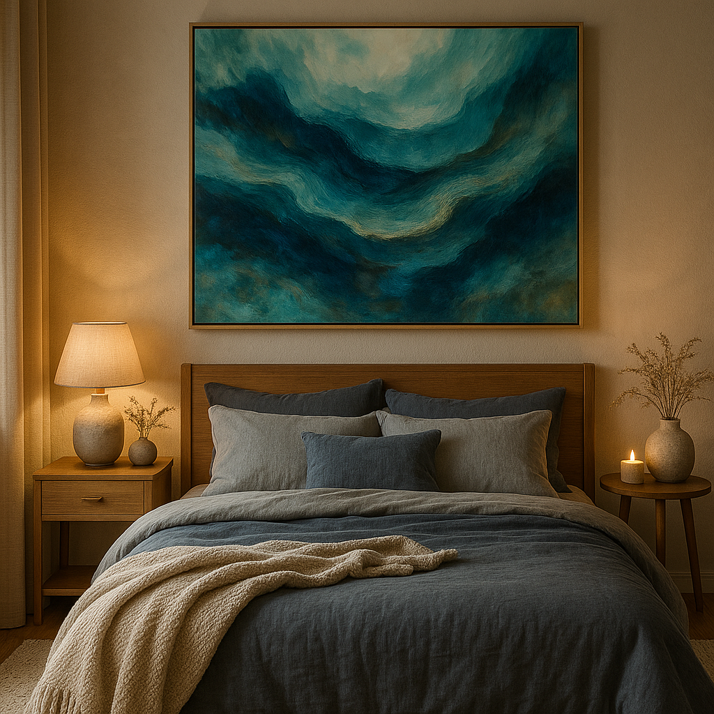 Soft neutral abstract print bringing coziness to a modern bedroom