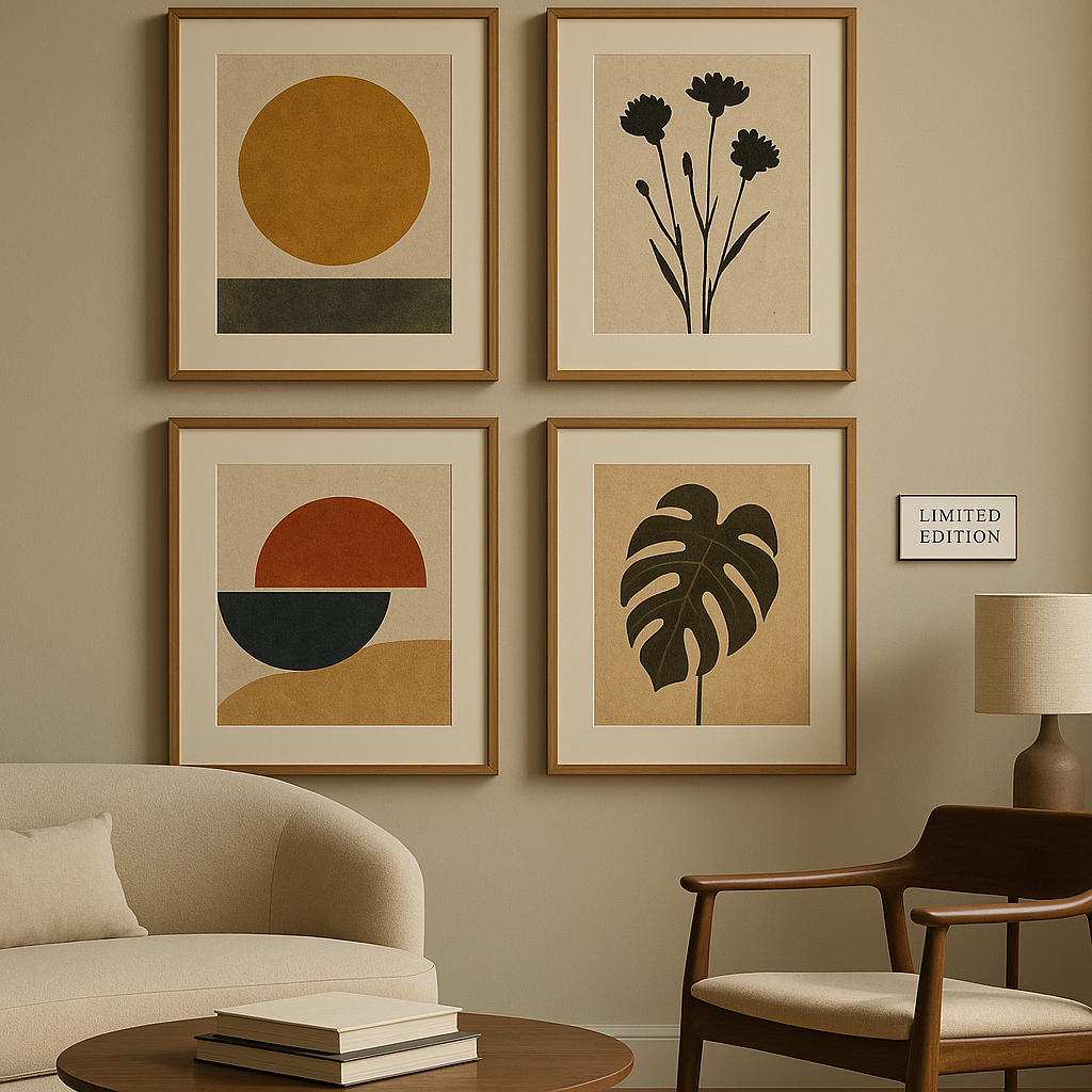 Modern living room decorated with framed limited edition art prints