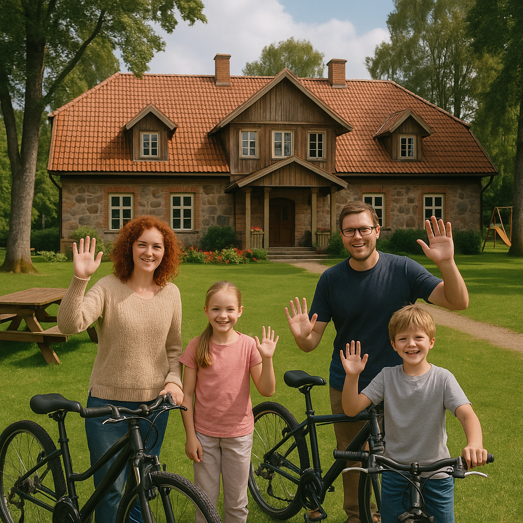 Sodeliškių dvaro sodybos aplinka: žalias kiemas, žaidimų aikštelė, šeimos dviračiai ir autentiški pastatai.
