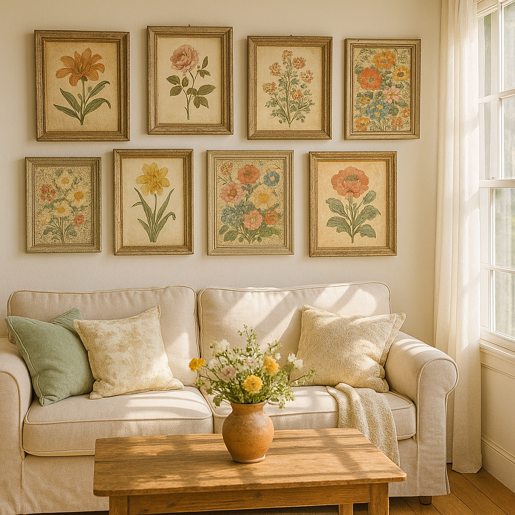 Vintage floral art print framed above a cozy living room sofa