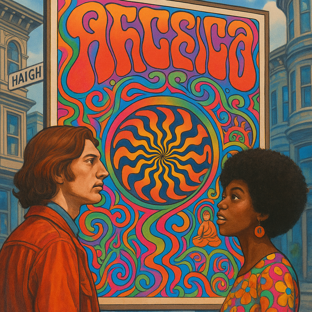 Psychedelic retro poster styles with vivid swirling patterns and bright colors